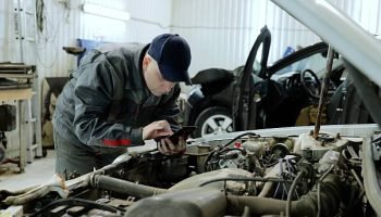 Professional mechanic checking vehicle engine using smartphone for diagnostics inside automotive repair workshop, demonstrating high tech maintenance approach